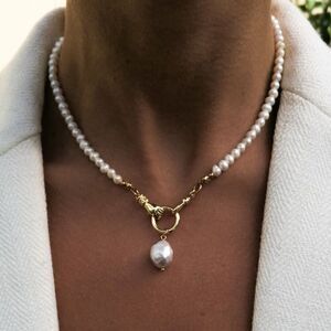 Anthropologie Pearl Beaded Necklace with Gold Ring Pendant